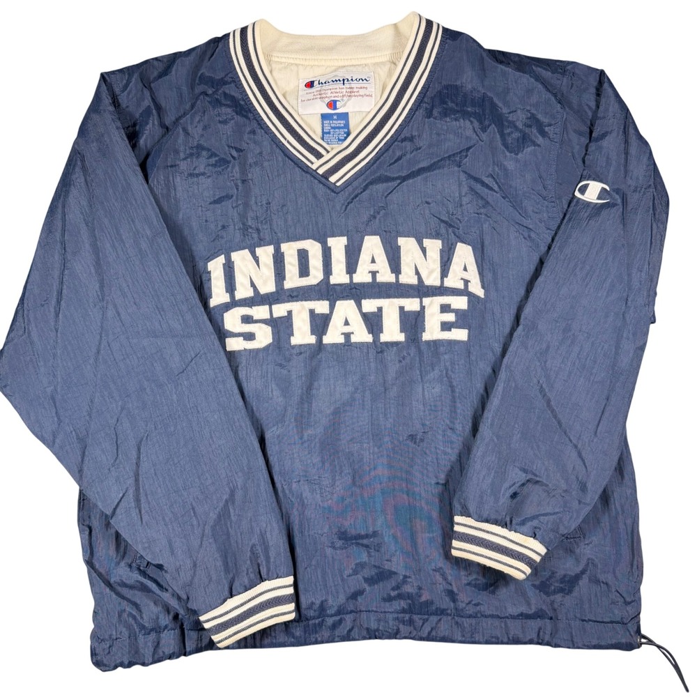 Vtg Champion Indiana State Windbreaker V-Neck Pullover Navy Blue Mens M